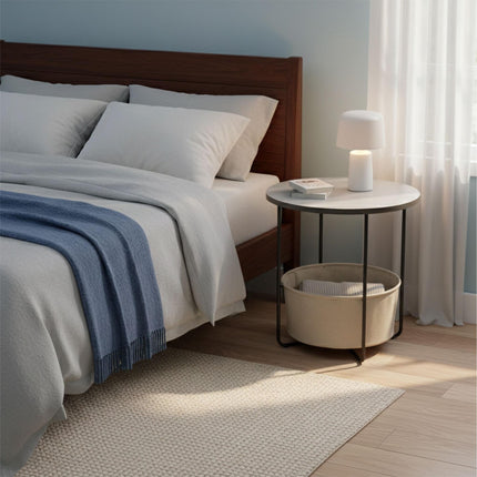 Round Side Table with Storage Basket, Metal Frame
