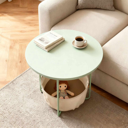 Round Side Table with Storage Basket, Metal Frame