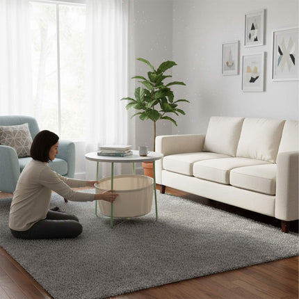 Round Side Table with Storage Basket, Metal Frame