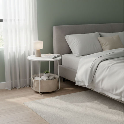 Round Side Table with Storage Basket, Metal Frame