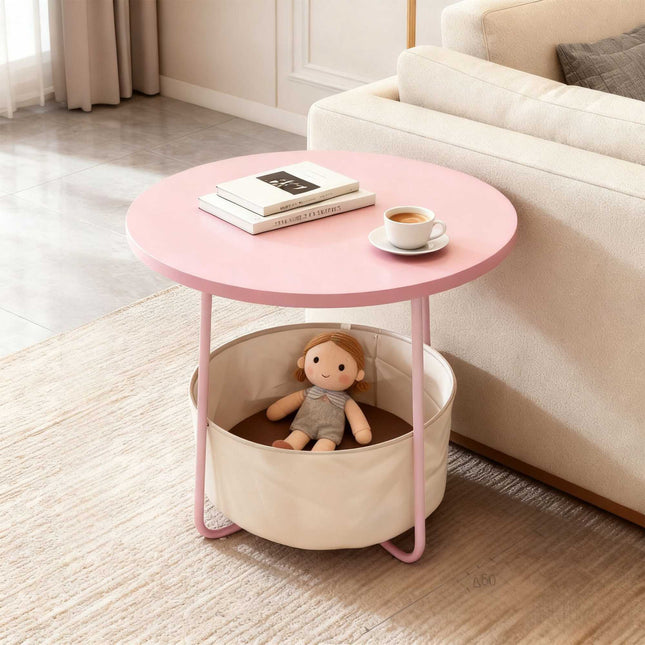Round Side Table with Storage Basket, Metal Frame