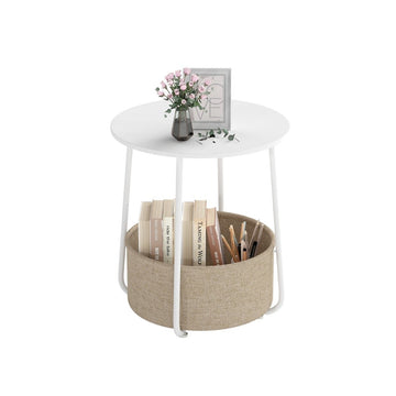Round Side Table with Storage Basket, White, Metal Frame