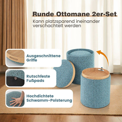 Round Storage Ottoman Set with Reversible Lid, Blue