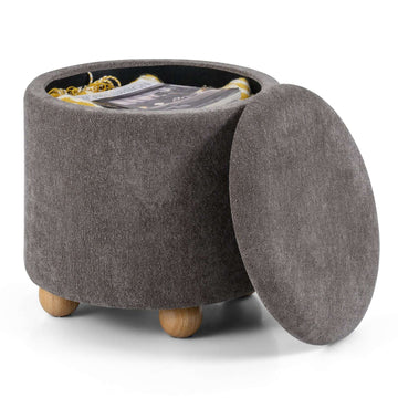 Round Storage Ottoman with Removable Lid, Gray Chenille