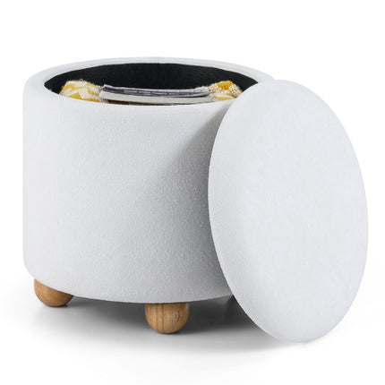Round Storage Ottoman with Removable Lid, White Chenille