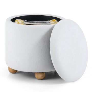 Round Storage Ottoman with Removable Lid, White Chenille