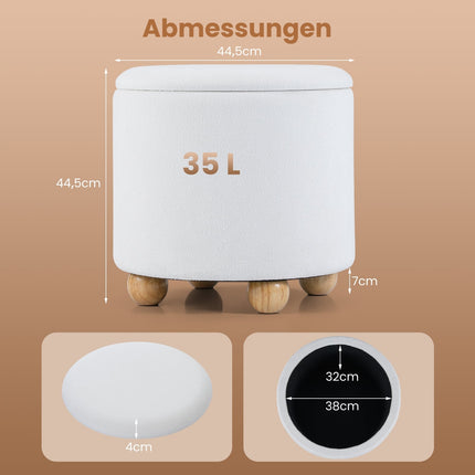 Round Storage Ottoman with Removable Lid, White Chenille
