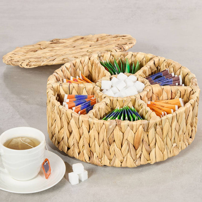 Round Tea Box, 7 Compartments, Woven Hyacinth