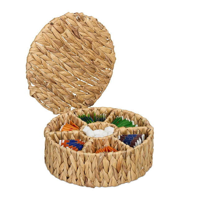 Round Tea Box, 7 Compartments, Woven Hyacinth
