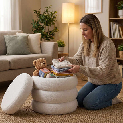 Round Teddy Fur Footstool, Plush Padded Seat