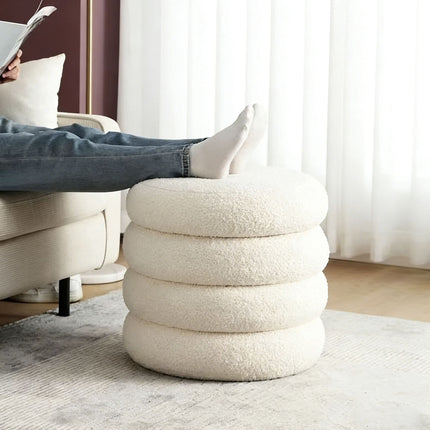 Round Teddy Fur Footstool, Plush Padded Seat