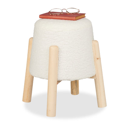 Round Teddy Fur Stool – Soft Faux Fur, Wood Legs