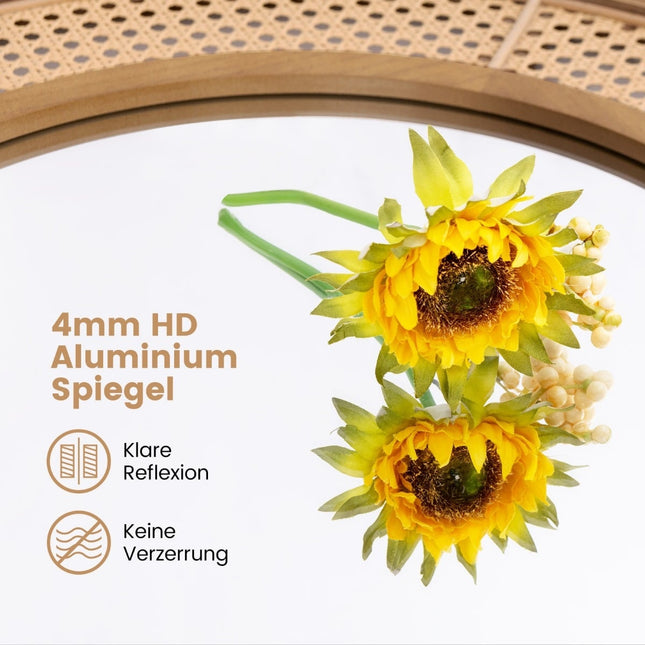 Round Wall Mirror, Rattan & Wood Frame, 65 cm Diameter