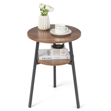 Round Walnut End Table with Metal Frame and Shelves