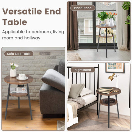 Round Walnut End Table with Metal Frame and Shelves