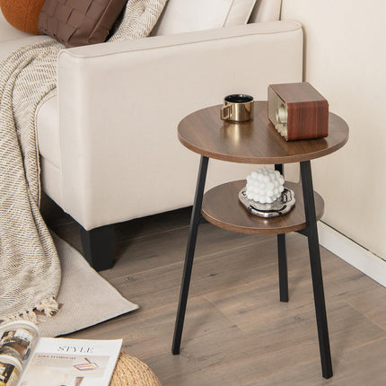 Round Walnut End Table with Metal Frame and Shelves