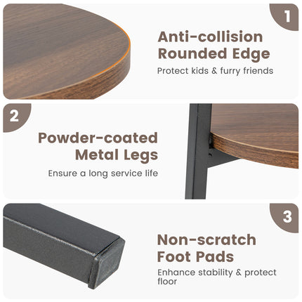 Round Walnut End Table with Metal Frame and Shelves