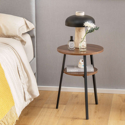 Round Walnut End Table with Metal Frame and Shelves