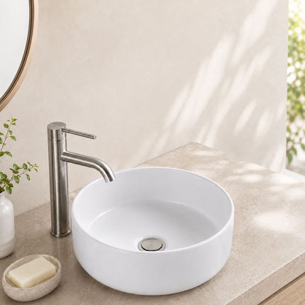 Round White Ceramic Countertop Basin, 30 x 30 cm