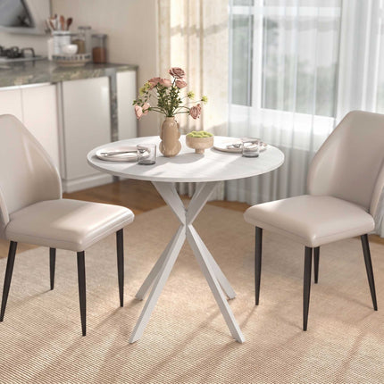Round White Kitchen Table, 80 cm, Wood-Look Top, Metal Legs