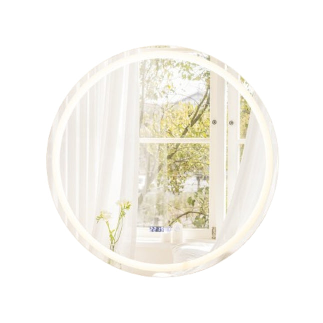 Round bathroom mirror with anti-fog mirror heating and display. Dimmable LED mirror