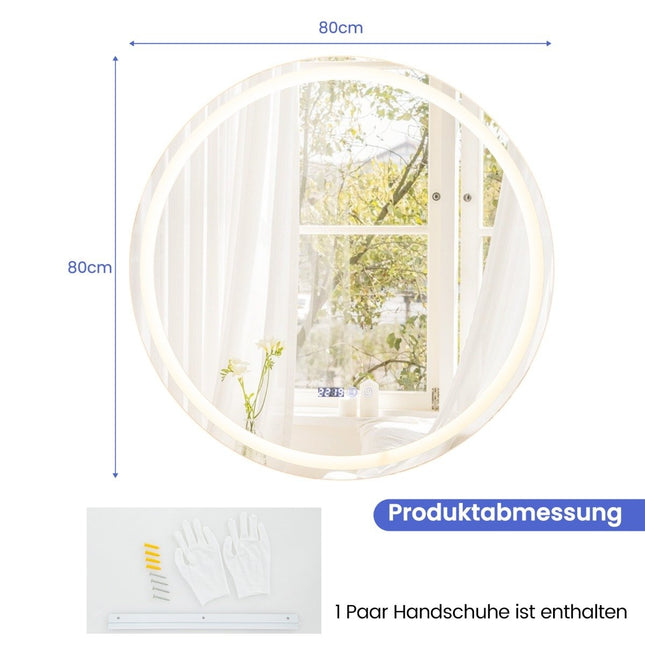 Round bathroom mirror with anti-fog mirror heating and display. Dimmable LED mirror