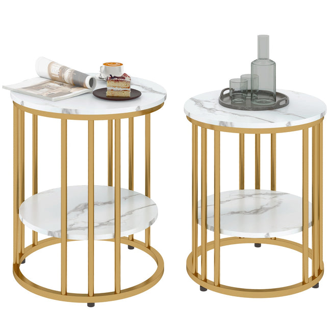 Round coffee table with white marble look with shelf, set of 2