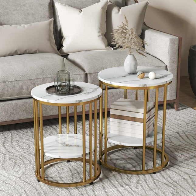 Round coffee table with white marble look with shelf, set of 2