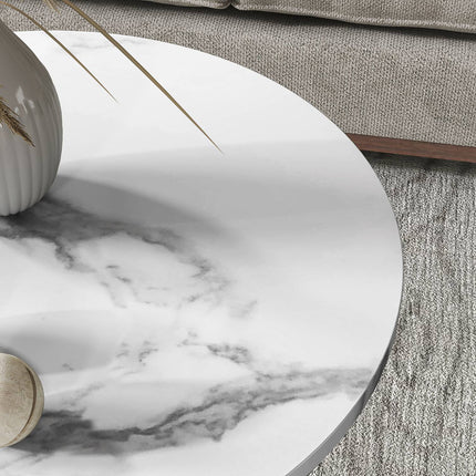 Round coffee table with white marble look with shelf, set of 2