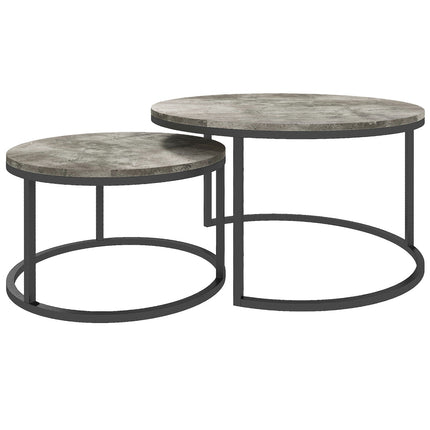 Nesting coffee table set in marble look, round, grey, 2 parts
