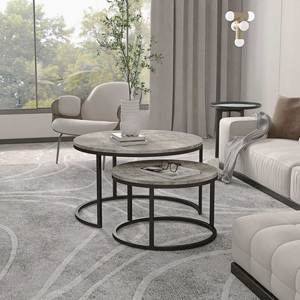 Nesting coffee table set in marble look, round, grey, 2 parts