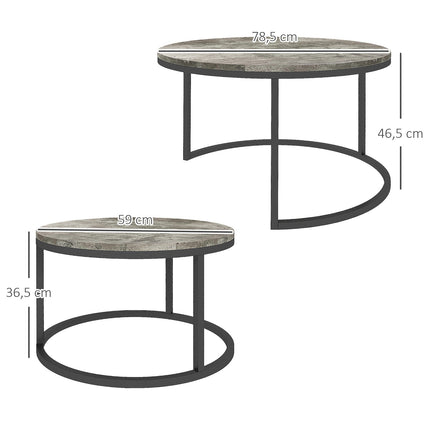 Nesting coffee table set in marble look, round, grey, 2 parts