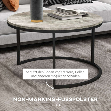 Nesting coffee table set in marble look, round, grey, 2 parts