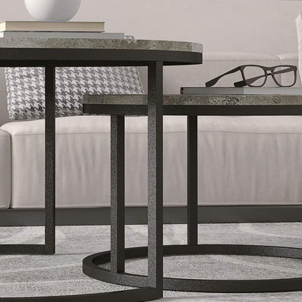 Nesting coffee table set in marble look, round, grey, 2 parts