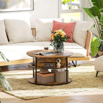 Round Lift-Top Coffee Table with Storage, Brown