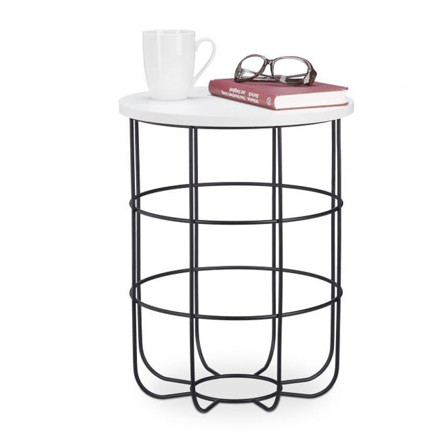 Round side table with metal basket