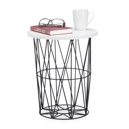 Round side table with metal basket