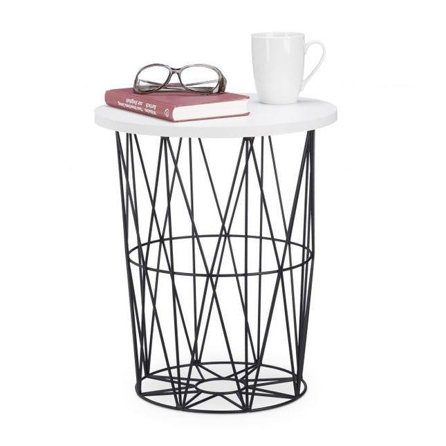 Round side table with metal basket