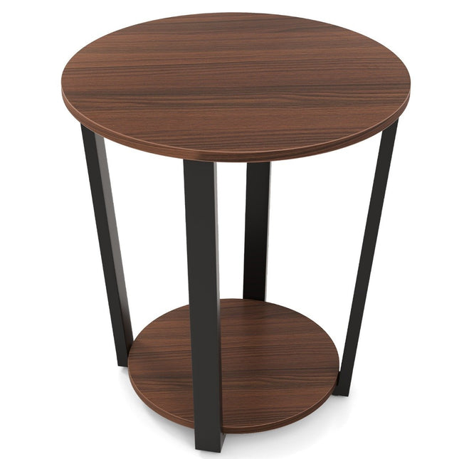 Round side table with open shelf &amp; Metal Frame 2 Tier Accent Table Sofa Table Walnut