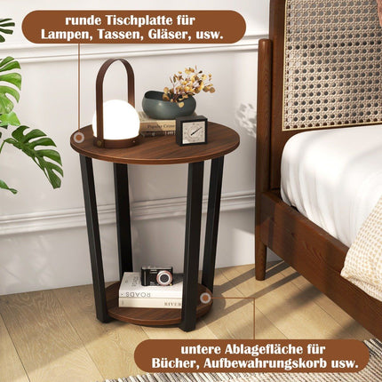 Round side table with open shelf &amp; Metal Frame 2 Tier Accent Table Sofa Table Walnut