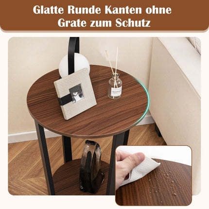 Round side table with open shelf &amp; Metal Frame 2 Tier Accent Table Sofa Table Walnut