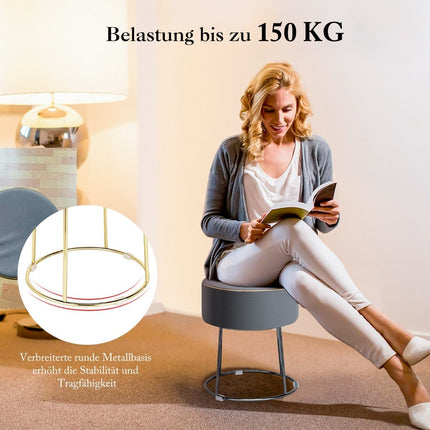 Ronde kruk voetenbank van fluweel met metalen poten, gestoffeerde kaptafel, belastbaar tot 150 kg, grijs
