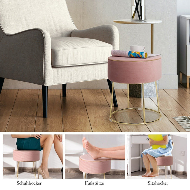 Round stool footstool made of velvet with metal legs, upholstered dressing stool, can hold up to 150 kg, pink