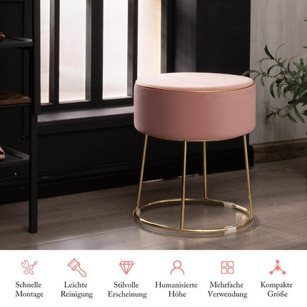 Round stool footstool made of velvet with metal legs, upholstered dressing stool, can hold up to 150 kg, pink