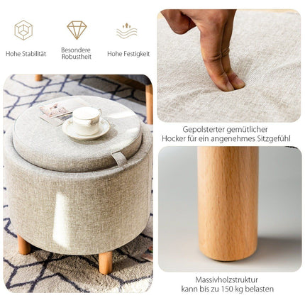 Round stool with storage space &amp; Removable lid can hold up to 150 kg. Beige footstool