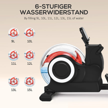Collapsible water rowing machine, LCD screen and wheels