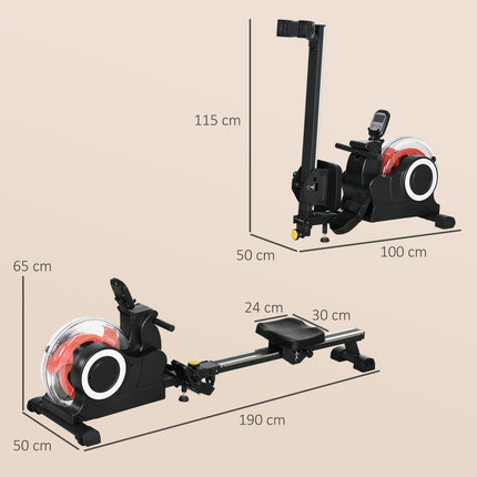 Collapsible water rowing machine, LCD screen and wheels