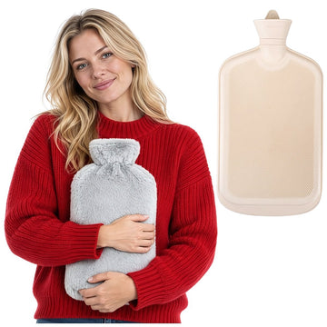 Rubber Hot Water Bottle 3.5 L with Removable Plush Cover, Grey/Beige, 41 x 24 cm