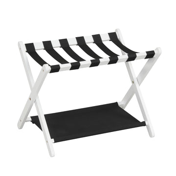 Rubberwood Folding Luggage Rack with Nylon Shelves, Black/White