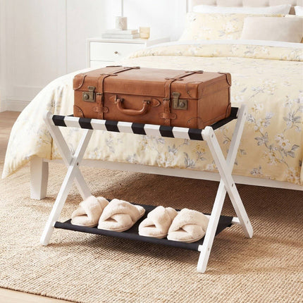 Rubberwood Folding Luggage Rack with Nylon Shelves, Black/White